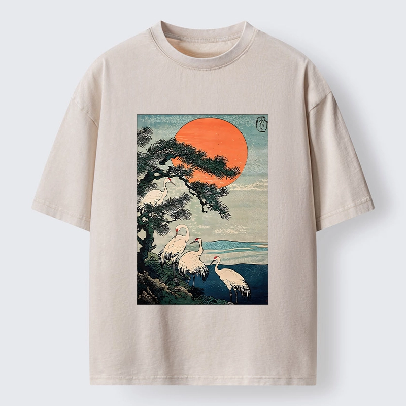 Tokyo‑Tiger Pine Crane Sunrise Washed T‑Shirt