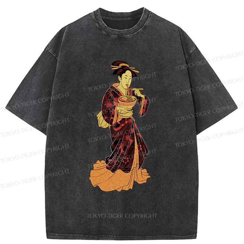 Tokyo-Tiger Geisha Eating Ramen Washed T-Shirt