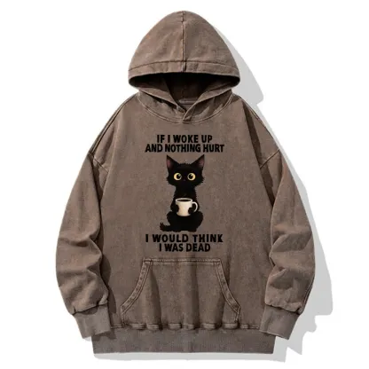 Tokyo-Tiger Funny Black Cat And Coffee Meme Washed Hoodie
