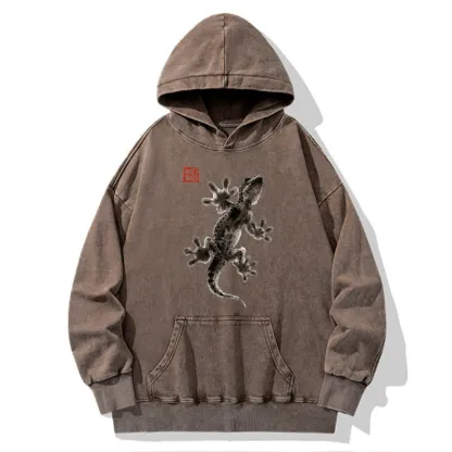 Tokyo-Tiger Minimal Asian Ink Brush Gecko Vibe Washed Hoodie