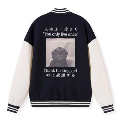 Tokyo-Tiger Funny Melancholy Cat Embroidery Varsity Jacket