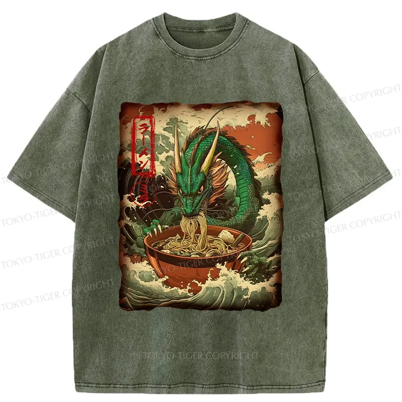 Tokyo-Tiger Ramen Lover Giant Dragon Washed T-Shirt
