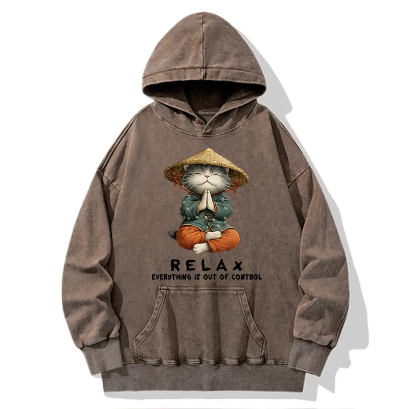 Tokyo-Tiger Zen Relax Cat Graphic Washed Hoodie