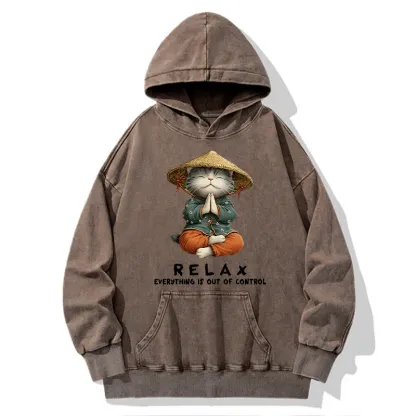 Tokyo-Tiger Zen Relax Cat Graphic Washed Hoodie