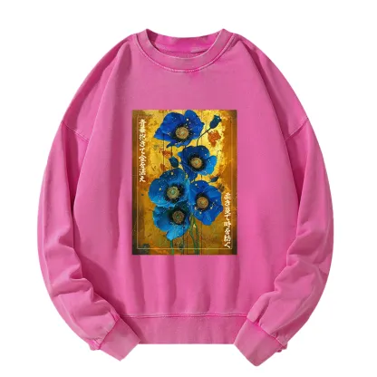 Tokyo-Tiger Shiny Blue Flower Warm Golden Background Washed Sweatshirt