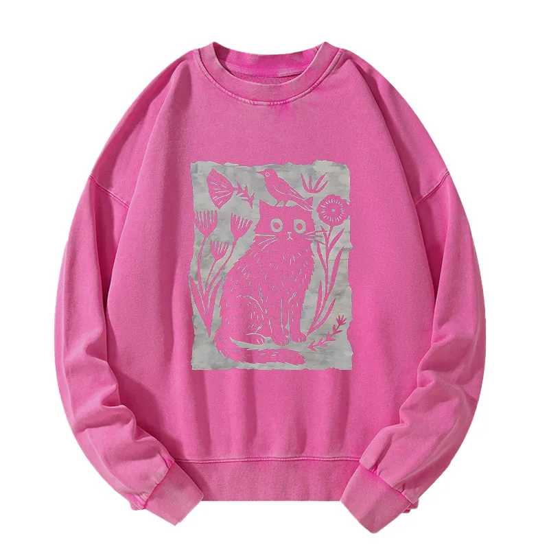 Tokyo-Tiger Folk Paper Cut Cat Bird Floral Art Washed Sweatshirt