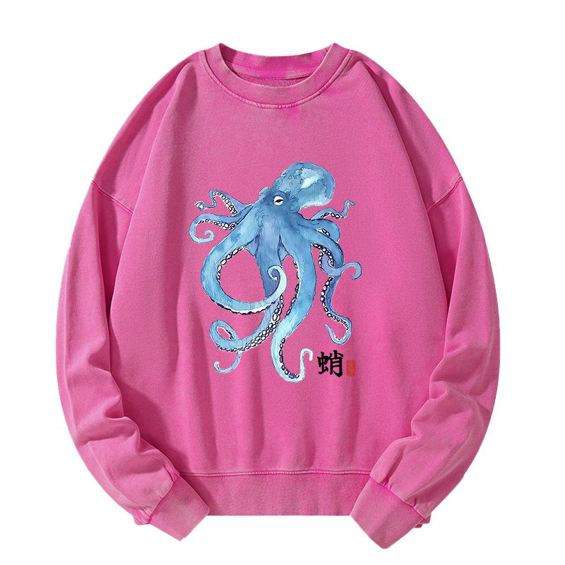 Tokyo-Tiger Watercolor Blue Octopus Washed Sweatshirt