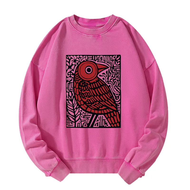 Tokyo-Tiger Retro Woodblock Bird Washed Sweatshirt Sale