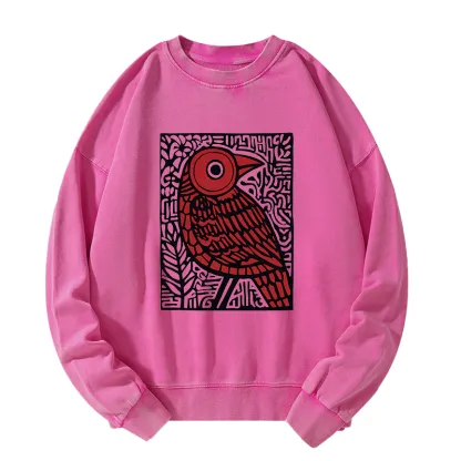 Tokyo-Tiger Retro Woodblock Bird Washed Sweatshirt
