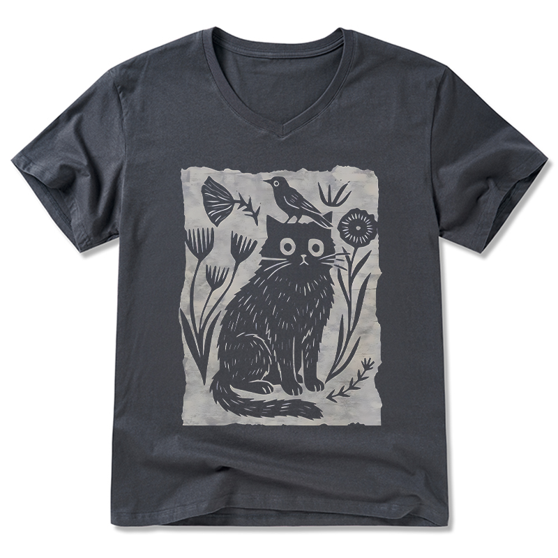 Tokyo-Tiger Folk Paper Cut Cat Bird Floral Art V-Neck Classic T-Shirt
