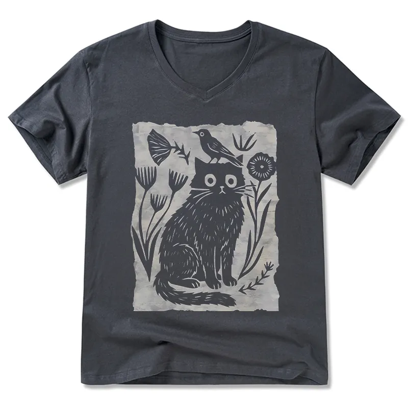 Tokyo-Tiger Folk Paper Cut Cat Bird Floral Art V-Neck Classic T-Shirt