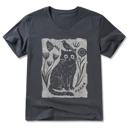 Tokyo-Tiger Folk Paper Cut Cat Bird Floral Art V-Neck Classic T-Shirt