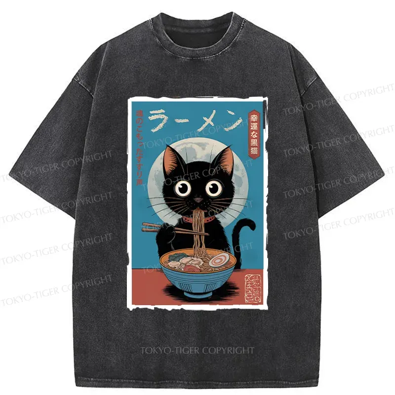 Tokyo-Tiger Black Cat Eating Delicious Ramen Washed T-Shirt
