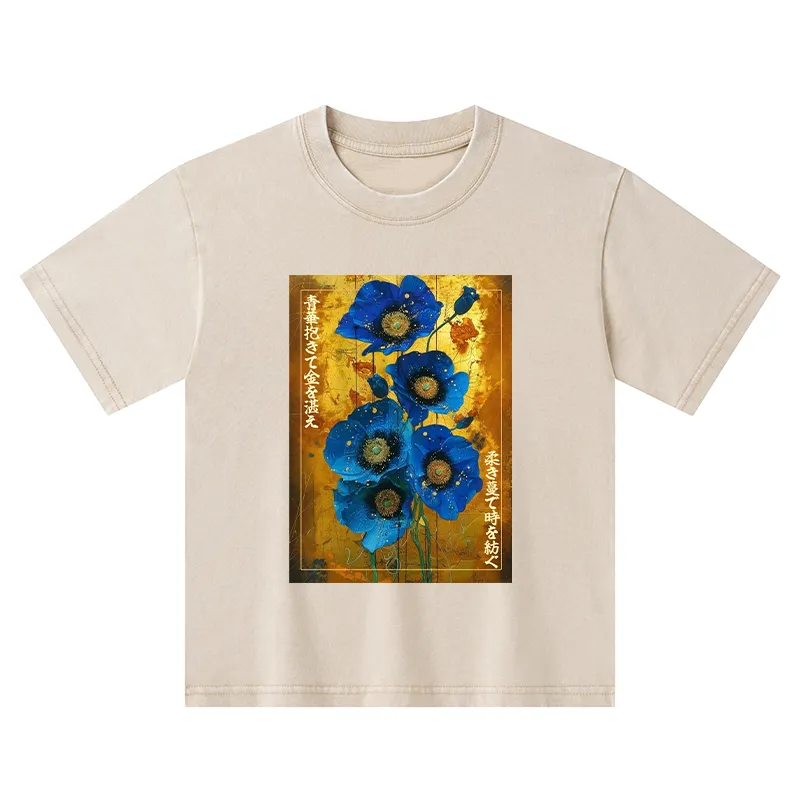 Tokyo-Tiger Shiny Blue Flower Warm Golden Background Kids Washed T-Shirt