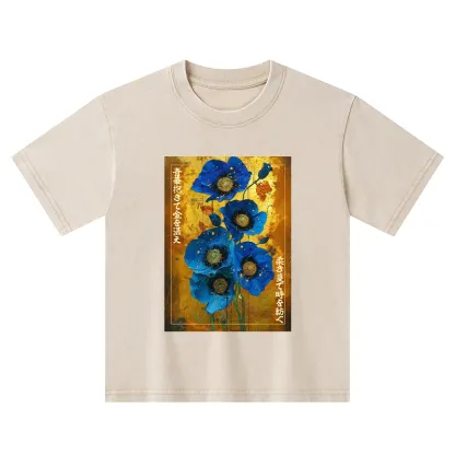 Tokyo-Tiger Shiny Blue Flower Warm Golden Background Kids Washed T-Shirt