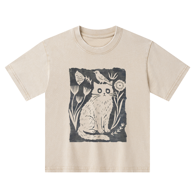 Tokyo-Tiger Folk Paper Cut Cat Bird Floral Art Kids Washed T-Shirt