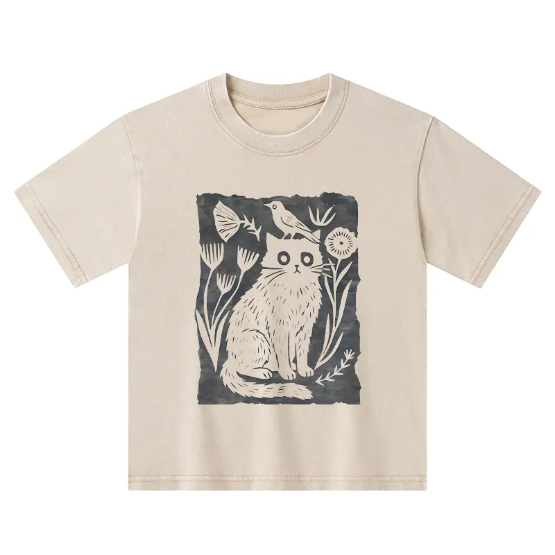 Tokyo-Tiger Folk Paper Cut Cat Bird Floral Art Kids Washed T-Shirt