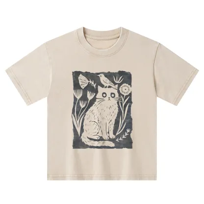 Tokyo-Tiger Folk Paper Cut Cat Bird Floral Art Kids Washed T-Shirt