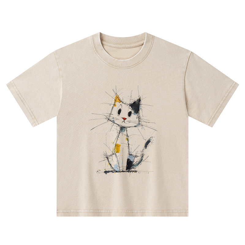 Tokyo-Tiger Minimal Splash Ink Cute Cat Kids Washed T-Shirt