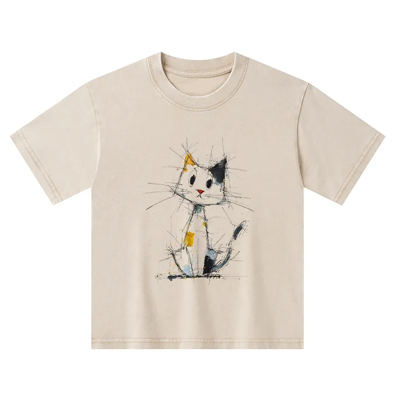 Tokyo-Tiger Minimal Splash Ink Cute Cat Kids Washed T-Shirt