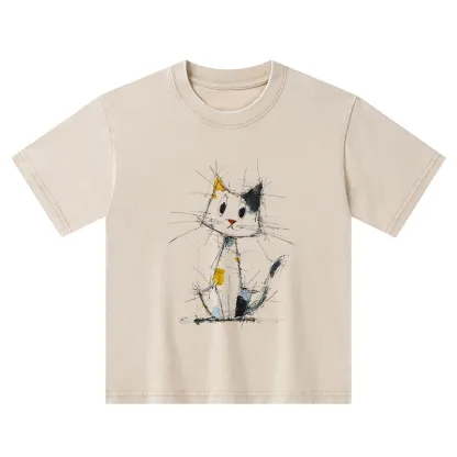 Tokyo-Tiger Minimal Splash Ink Cute Cat Kids Washed T-Shirt