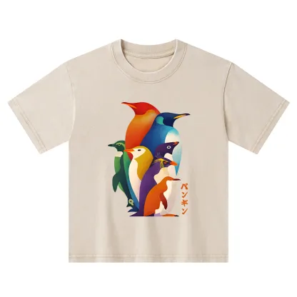 Tokyo-Tiger Cute Multi Tone Penguins Kids Washed T-Shirt
