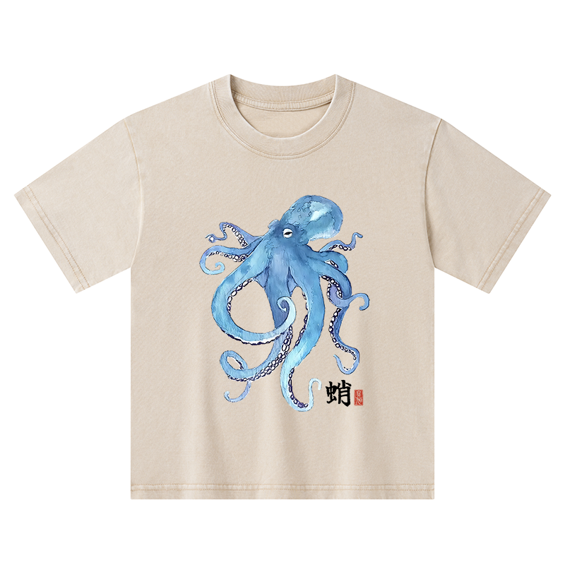 Tokyo-Tiger Watercolor Blue Octopus Kids Washed T-Shirt