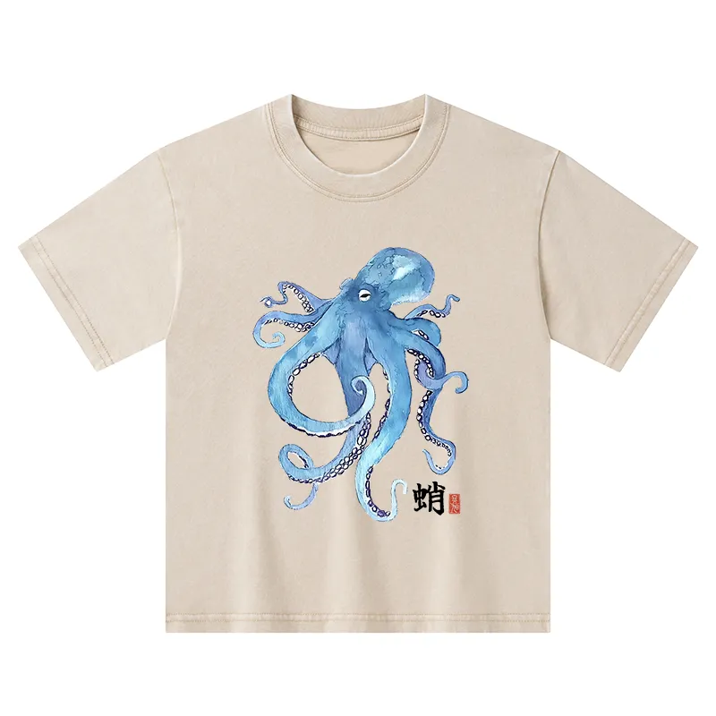 Tokyo-Tiger Watercolor Blue Octopus Kids Washed T-Shirt