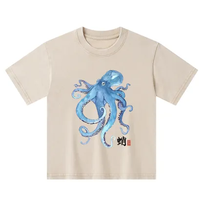 Tokyo-Tiger Watercolor Blue Octopus Kids Washed T-Shirt