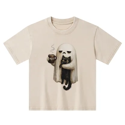 Tokyo-Tiger Ghost Cat Coffee Mood Kids Washed T-Shirt
