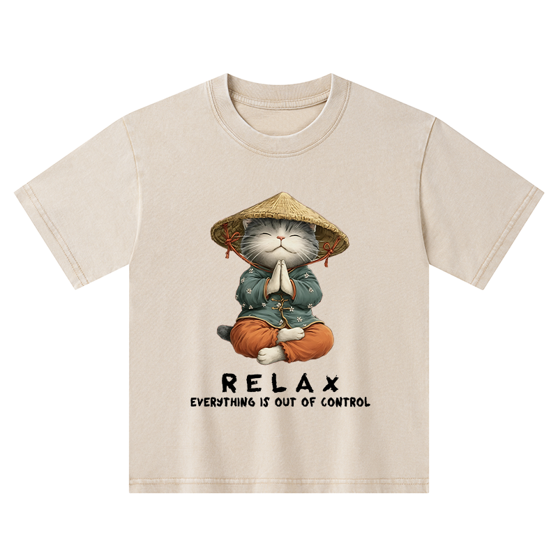 Tokyo-Tiger Zen Relax Cat Graphic Kids Washed T-Shirt
