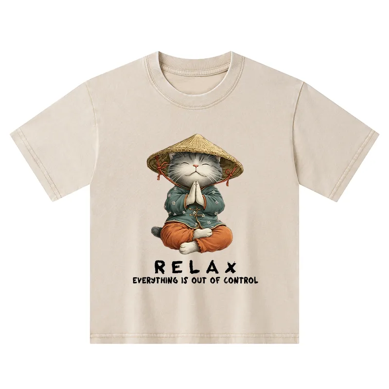 Tokyo-Tiger Zen Relax Cat Graphic Kids Washed T-Shirt