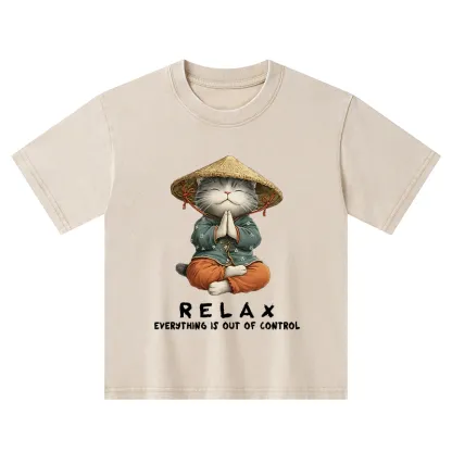 Tokyo-Tiger Zen Relax Cat Graphic Kids Washed T-Shirt