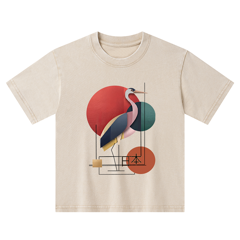 Tokyo-Tiger Geometric Crane Art Kids Washed T-Shirt
