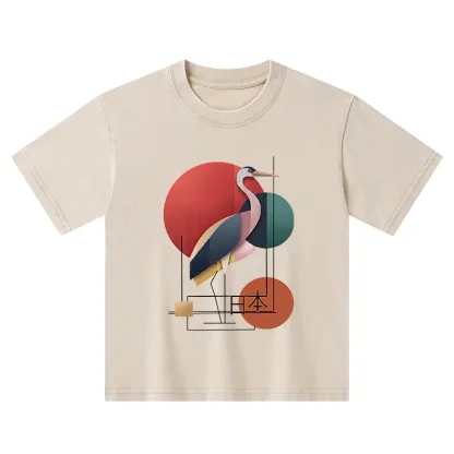 Tokyo-Tiger Geometric Crane Art Kids Washed T-Shirt