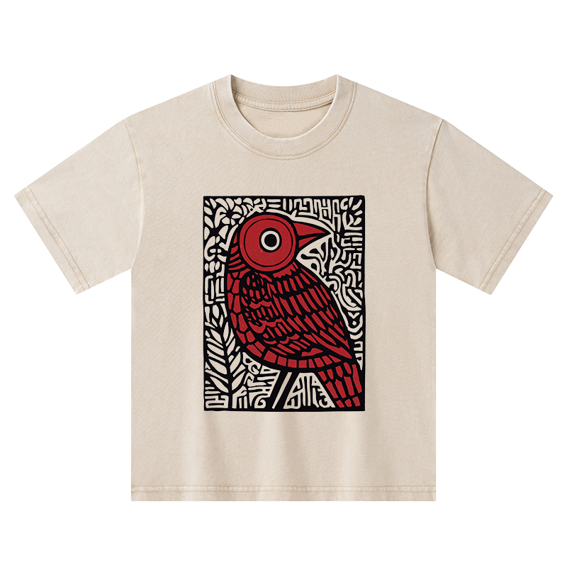 Tokyo-Tiger Retro Woodblock Bird Kids Washed T-Shirt