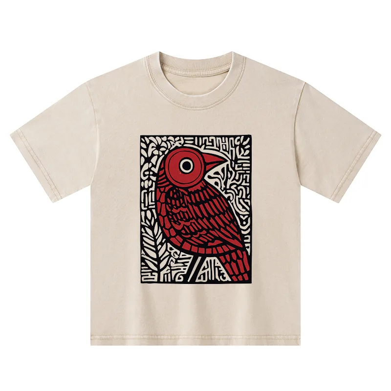 Tokyo-Tiger Retro Woodblock Bird Kids Washed T-Shirt