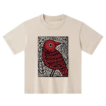 Tokyo-Tiger Retro Woodblock Bird Kids Washed T-Shirt