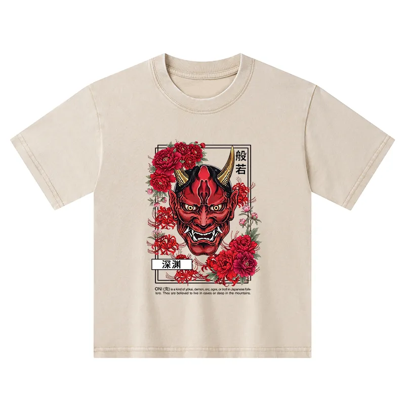 Tokyo-Tiger Cool Oni Floral Art Kids Washed T-Shirt