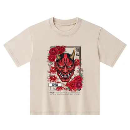 Tokyo-Tiger Cool Oni Floral Art Kids Washed T-Shirt