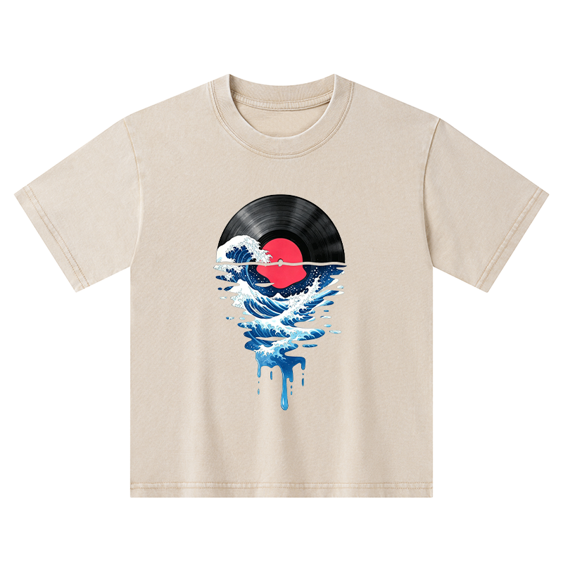 Tokyo-Tiger Vinyl Records And Waves Kids Washed T-Shirt