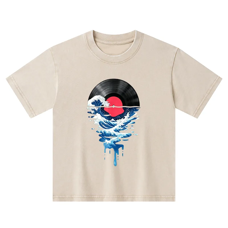 Tokyo-Tiger Vinyl Records And Waves Kids Washed T-Shirt