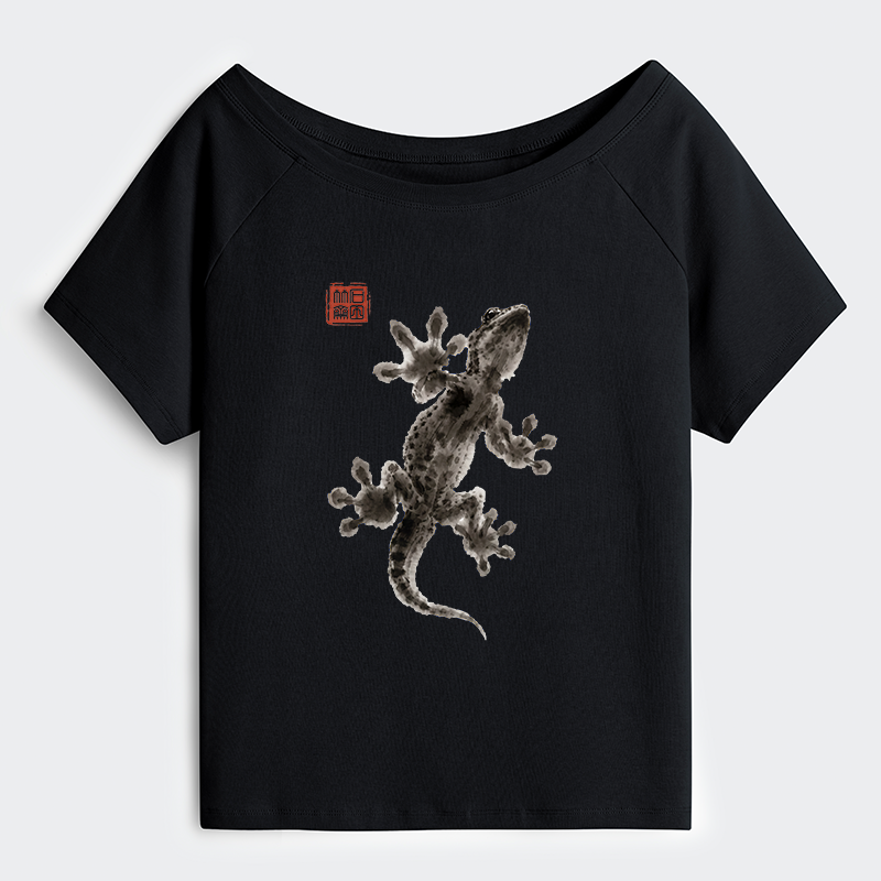 Tokyo-Tiger Minimal Asian Ink Brush Gecko Vibe Off Shoulder T-Shirt