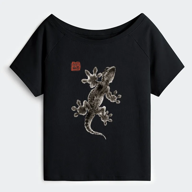 Tokyo-Tiger Minimal Asian Ink Brush Gecko Vibe Off Shoulder T-Shirt