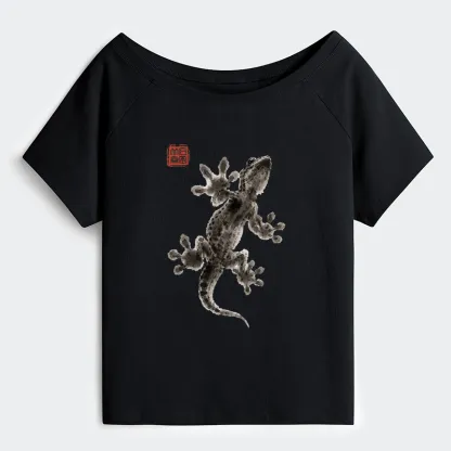 Tokyo-Tiger Minimal Asian Ink Brush Gecko Vibe Off Shoulder T-Shirt