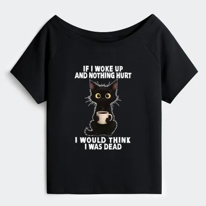 Tokyo-Tiger Funny Cute Black Cat And Coffee Meme Off Shoulder T-Shirt