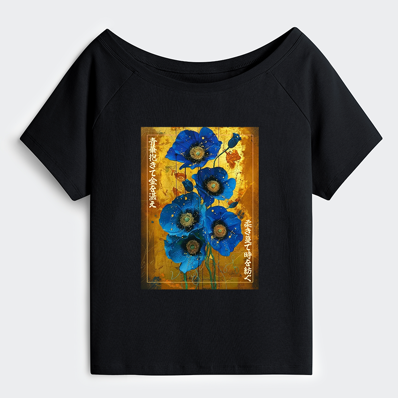Tokyo-Tiger Shiny Blue Flower Warm Golden Background Off Shoulder T-Shirt