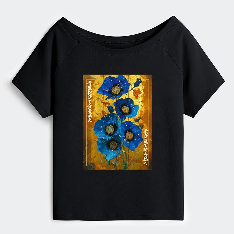 Tokyo-Tiger Shiny Blue Flower Warm Golden Background Off Shoulder T-Shirt Sale