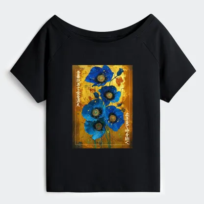 Tokyo-Tiger Shiny Blue Flower Warm Golden Background Off Shoulder T-Shirt