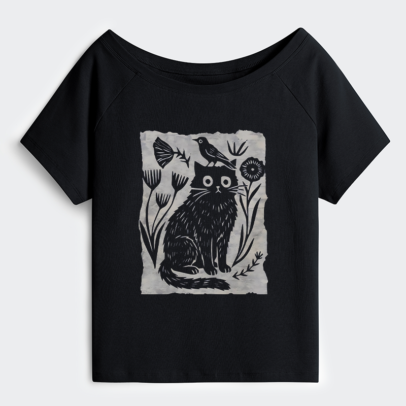 Tokyo-Tiger Folk Paper Cut Cat Bird Floral Art Off Shoulder T-Shirt